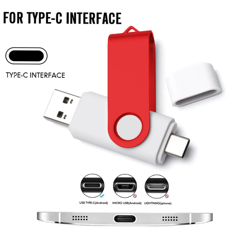 100pcs Free Logo Rotatable Colorful USB2.0 Flash Drive 128GB Type-C Dual Memory Stick 64GB 2IN1 Pendrive 32G 16G 8G 4G 1G 2G
