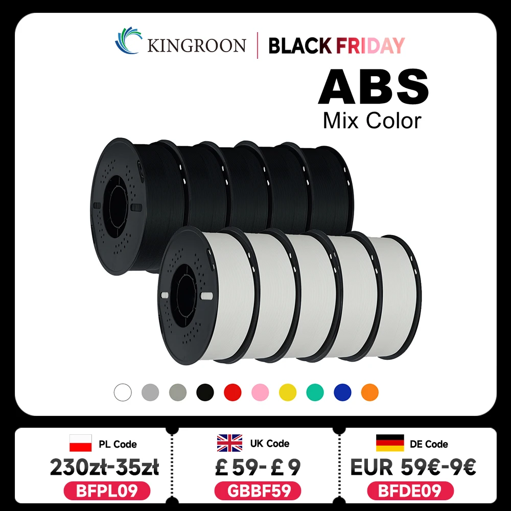 

KINGROON 5KG(11LBS) ABS Filament 1.75mm High Strength Toughness 3D Printer Material Black White Multicolor ABS 1kg*5 Roll