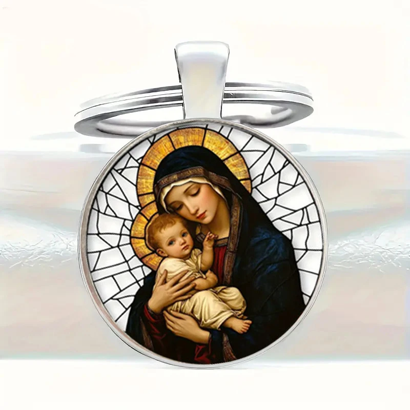 Warm mother son embrace pattern glass pendant keychain accessory