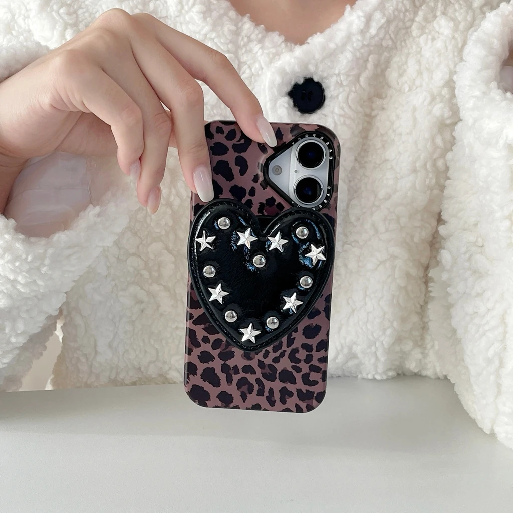 Fashion Advanced Brown Leopard Print Rivet Stars Love Heart With Holder Magnetic Phone Cover Case for iPhone 17 16 15 14 Pro Max