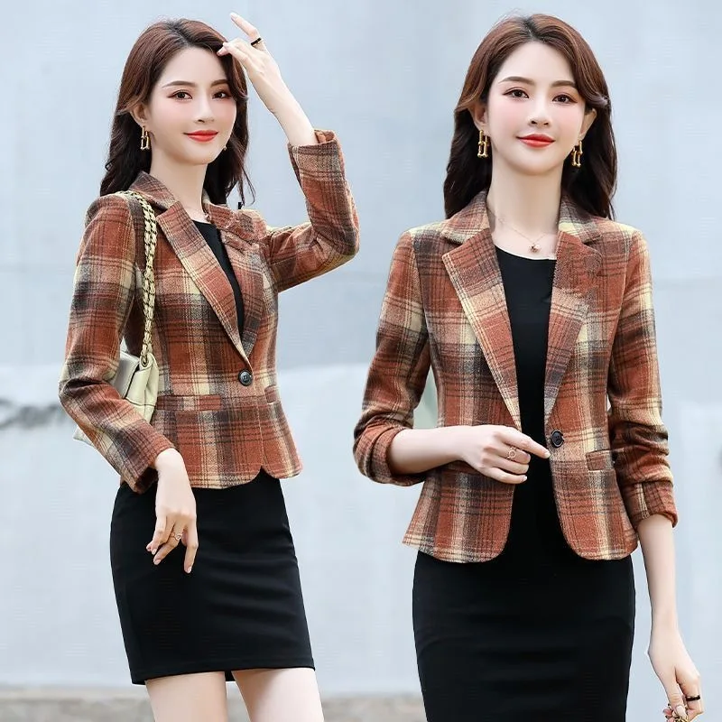 

Короткий приталенный винтажный художественный блейзер для женщин, весна-осень 2024, повседневное повседневное шерстяное пальто в клетку с длинным рукавом