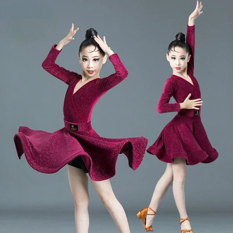 

Girls Long Sleeve Professional Latin Dance Dress Autumn Winter Ballroom Salsa Tango Competition Costume Kids Cha Cha Dancewear