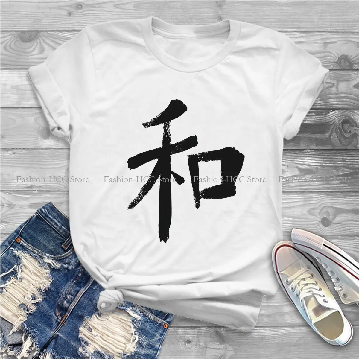 Japanese Kanji Peace Symbol Round Collar Polyester TShirt Chinese Character Classic T Shirt Woman's Clothes New Design