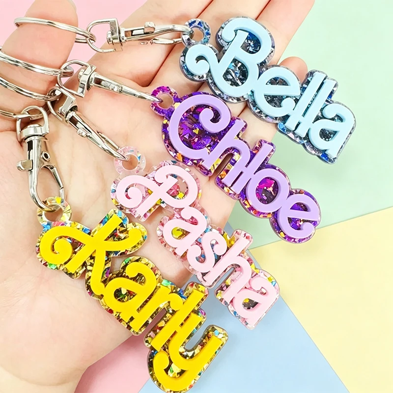 Pink Blue Color Acrylic Custom Name Backpack Keychain 3D Double Layers Name Tag Personalized Keyring Bag Charm Car Accessory