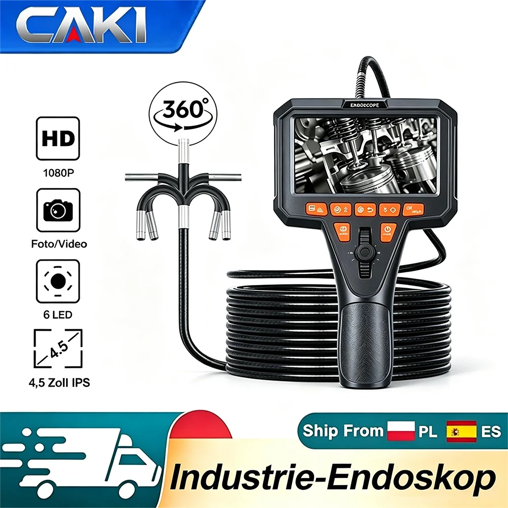 Inspektionskamera, Industrieendoskop, 360°-Zwei-Wege-Gelenk, Endoskop,4,5-Zoll-IPS-Bildschirm, Schlangenkamera,HD 1080P,IP67 wasserdicht, halbstarres Kabel, LED-Licht,Automobilmotor,Rohrkorrosion,