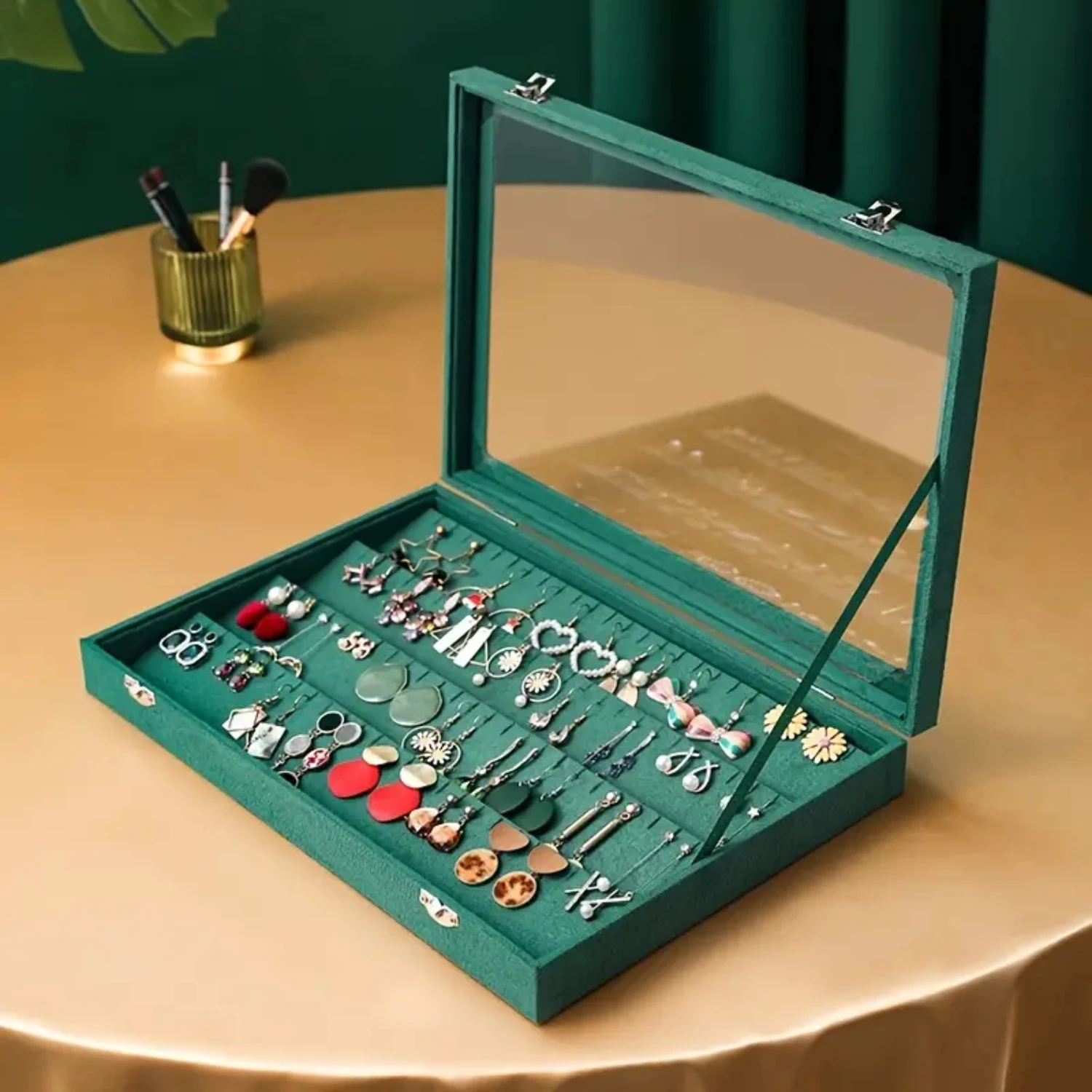 Elegant and Spacious Dark Green Jewelry Storage Box with Transparent Lid and Earring Display Rack - Ideal for Household Organiza