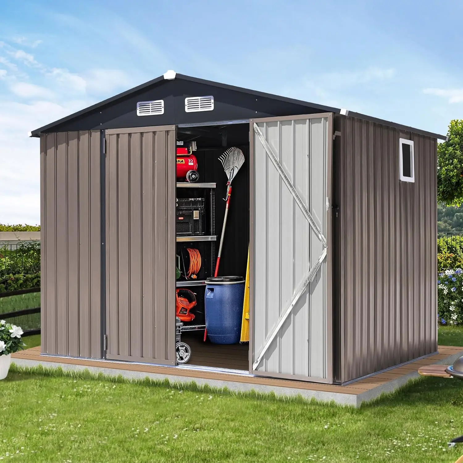 

8'x6' Outdoor Storage Shed, Galvanized Metal Steel Garden Shed with Upgrade Window, Double Door W/Lock, Bike, Customized