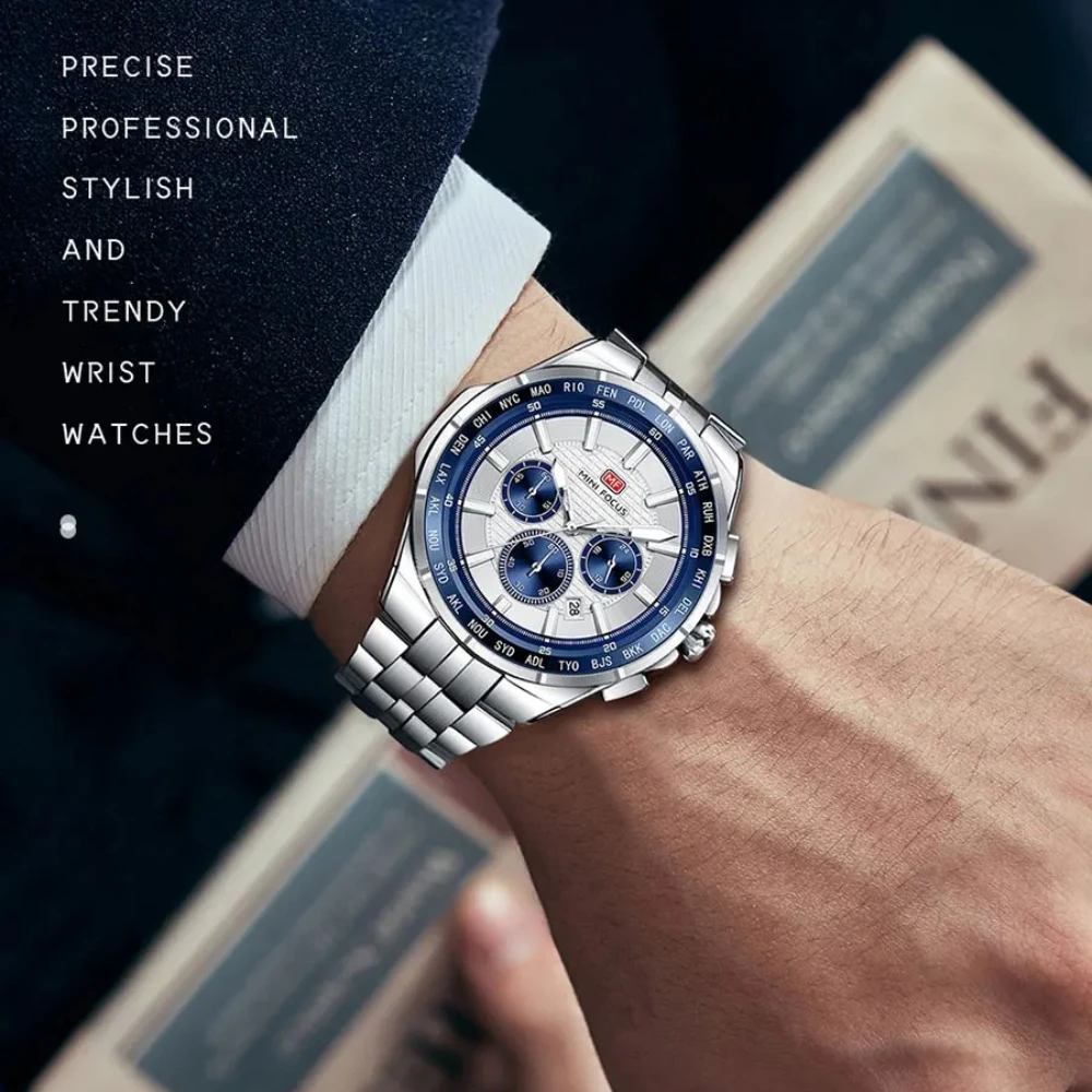 MINI FOCUS 0613 ساعة كوارتز رجالية عادية متعددة الوظائف مقاومة للماء كرونوغراف مضيئة يد حزام من الفولاذ المقاوم للصدأ تاريخ التقويم