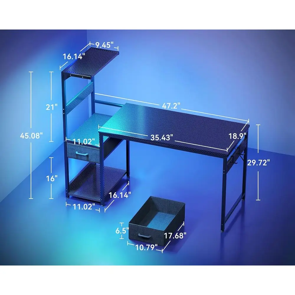 مكتب ألعاب مضاء بإضاءة LED مقاس 48 بوصة مع مساحة تخزين وتصميم عكسي وأدراج قماش وخطاف سماعة رأس جانبي من ألياف الكربون