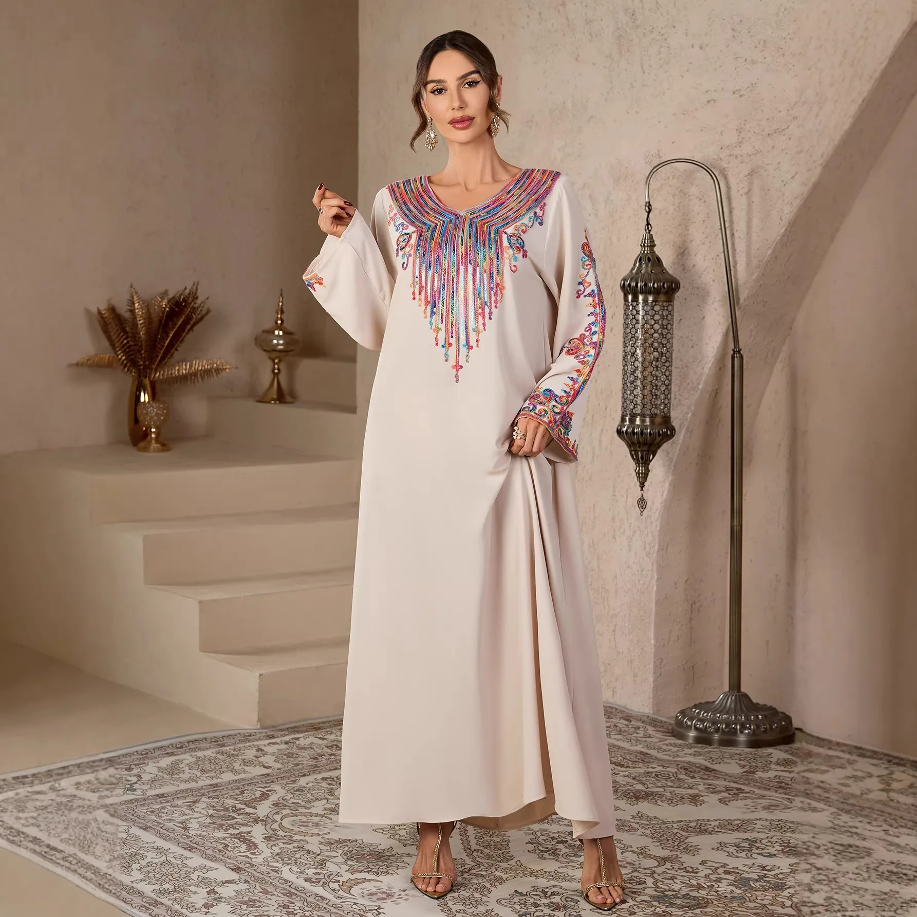 Women Dress Eid Abaya Embroidery Dresses Sequins Ramadan Morocco Jalabiya Vestidos Dubai Muslim Party Kaftan Islam Long Robe