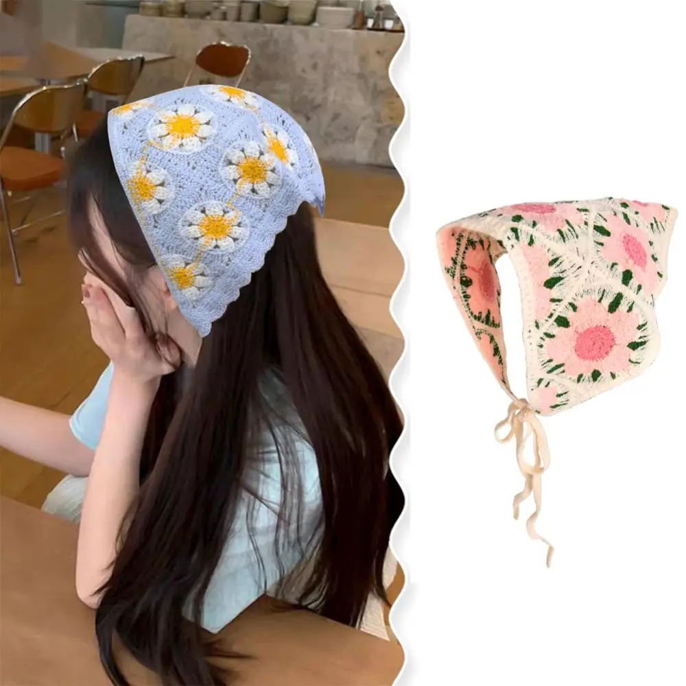 

Fashion Flower Women's Headscarf Sweet Breathable Triangular HairScarf Knitted Little Daisy Hollow Small Square Scarf for Spring