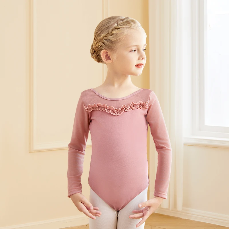 Ballet Leotards for Girls Lacy Long Sleeve Dance Bodysuit Kid Soft Mesh Splicing Practice Gymnastics Bodysuits Ballet Costumes