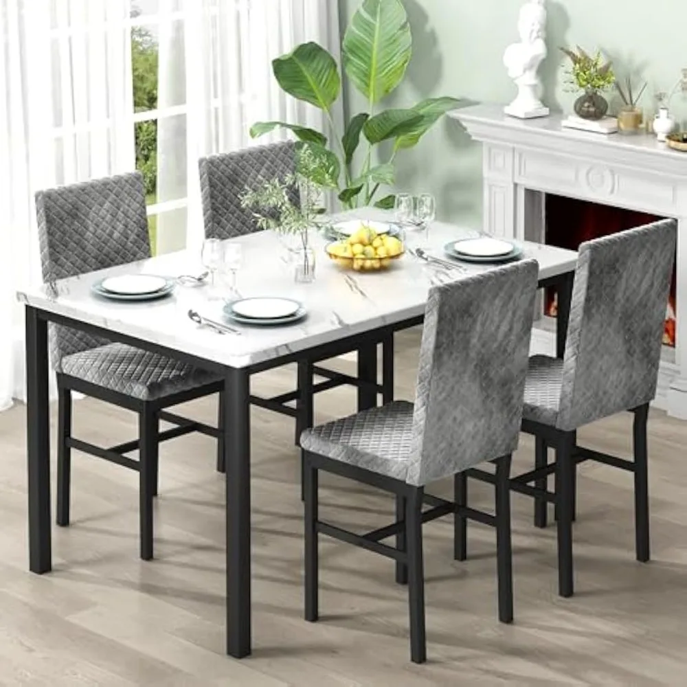 Dining table (4 people set), Kitchen table and chairs, faux marble dining table (4 upholstered velvet chairs)