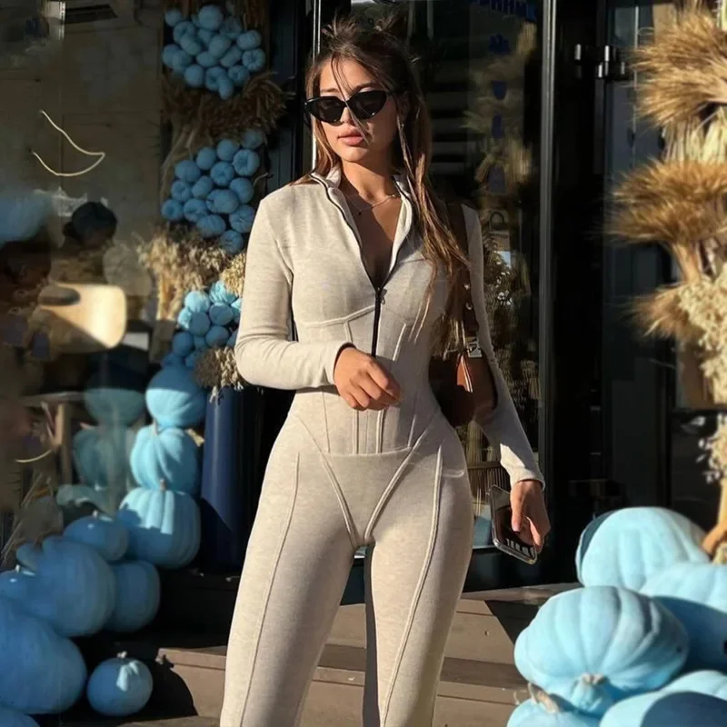 Long Sleeve Turtleneck Zipper Jumpsuit Women Round Neck High Waist Bodysuits Winter Skinny Sporty Fitness Yoga Overall Jumpsuits