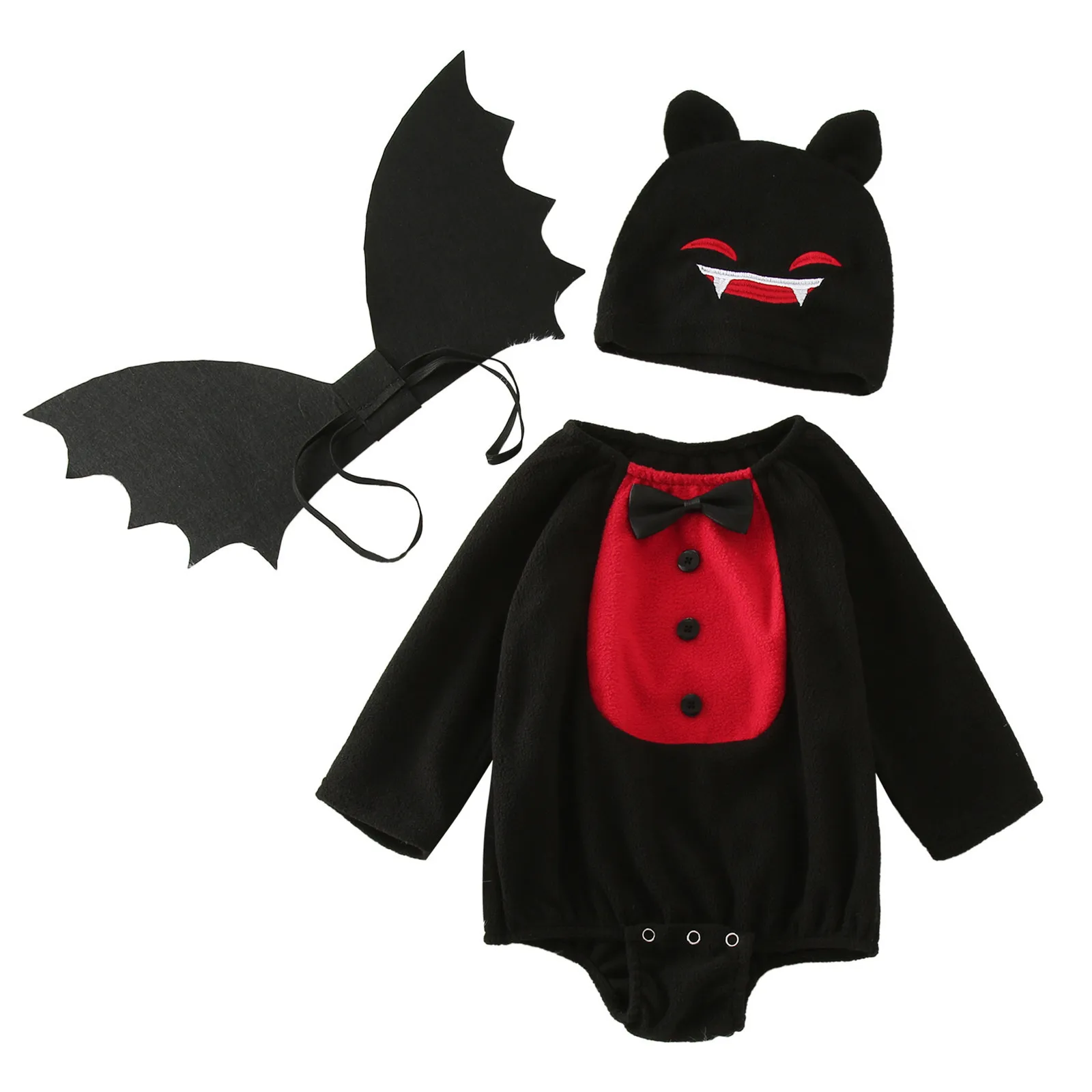 Umorden-macacão bodysuit para bebês meninos e meninas, traje de morcego Halloween, asas, chapéu, velo, 2 cores, demônio vampiro, 3 peças