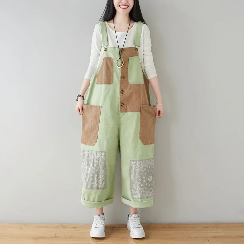 Patchwork Cargo Jean Jumpsuit Suspenders Cowboy Wide Leg Long Pants Baggy Outdoors Denim Rompers Japanese Hiphop Pocket Overalls