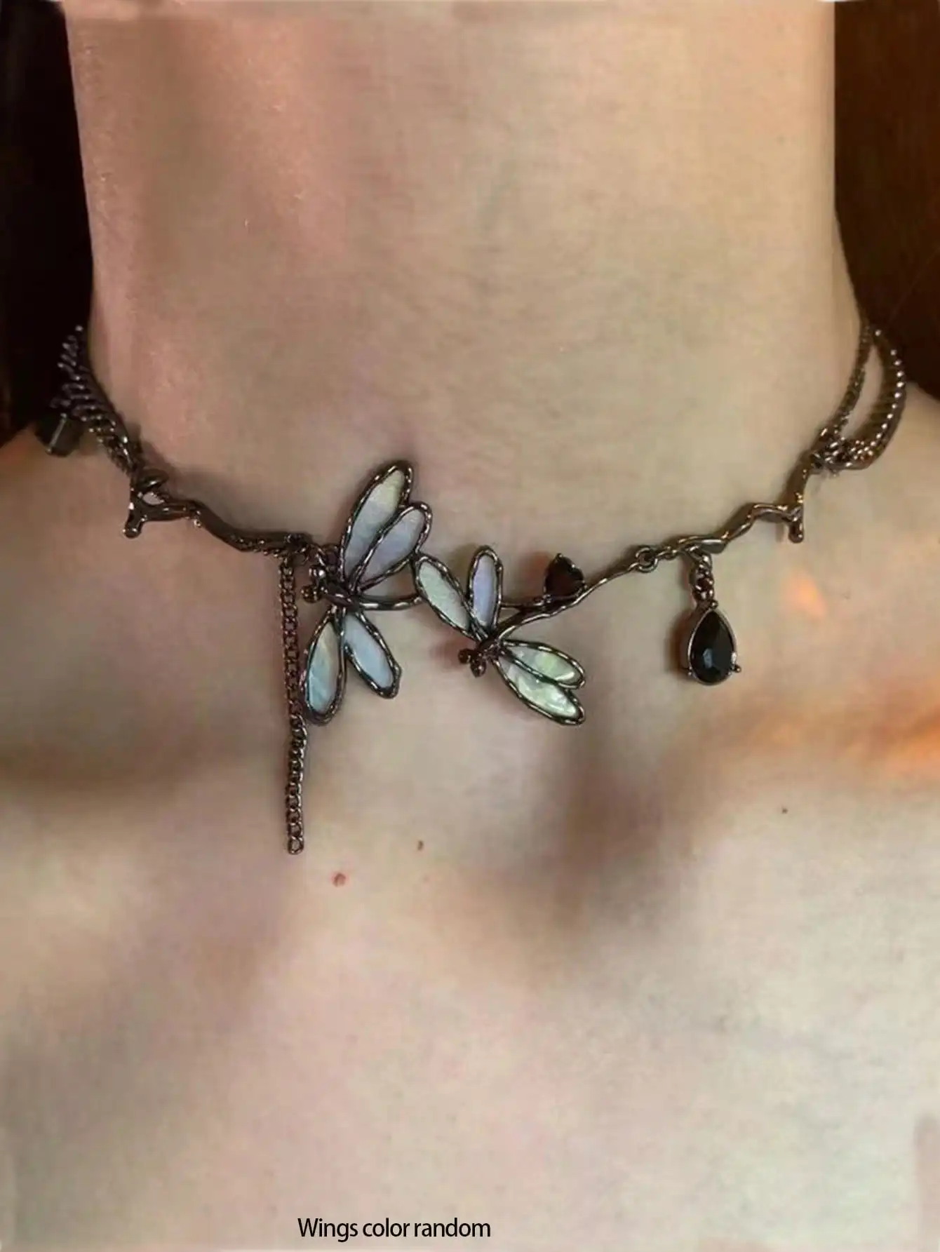 

Unisex Dragonfly & Teardrop Pendant Choker Necklace with Iridescent Wings and Black Gem