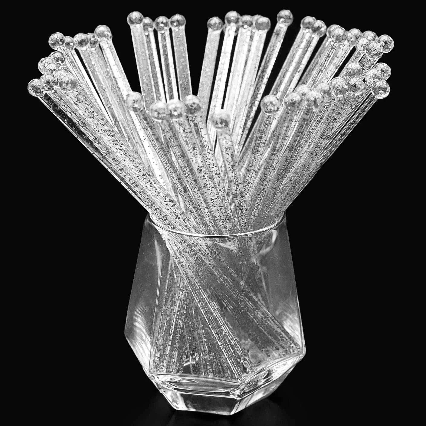 100 Pcs Silver Glitter Plastic Swizzle Sticks for Cocktail Stirring, Cake Pops, Fruit Skewers, Dessert Garnish, Party