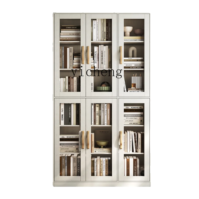 ZC solid wood bookcase floor combination dust belt glass door simple storage two doors three doors bookcase