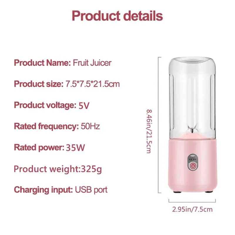 ABBP-Usb Rechargeable Portable Blender 500Ml Fresh Fruit Juice Mixer 6 Blades Shake Cup Cute Blender Smoothie Ice Crush Cup - view 6