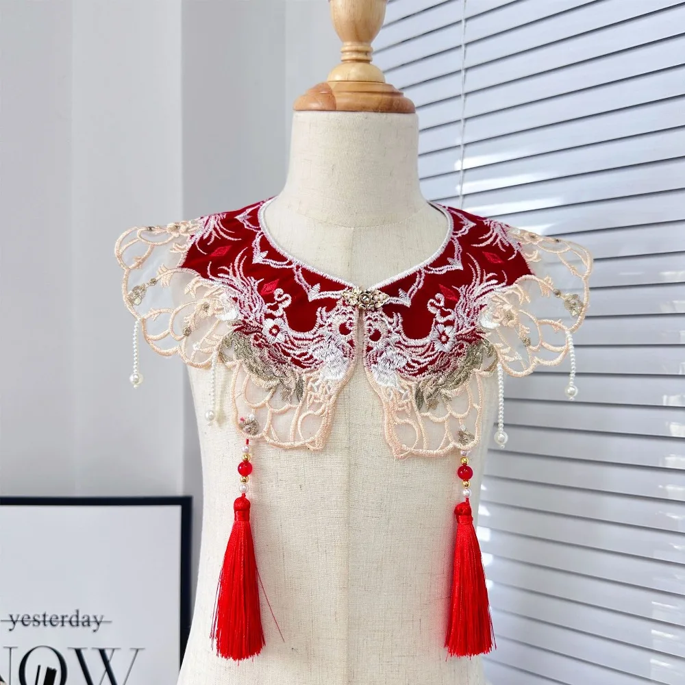 Unique Ancient Costume Hanfu Embroidered Fake Collar Gold Thread Studded Tassels Cloud Shoulder Detachable Shirt Fake Collar