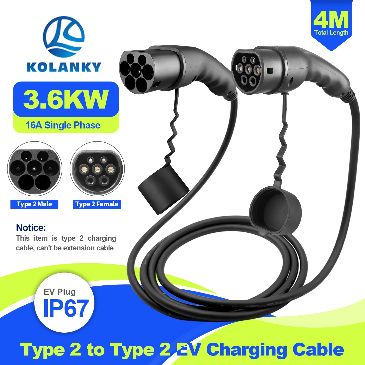 

Kolanky 16A 3.6KW Type 2 Male Public Station Socket To Type 2 Femal Car Socket EV Charging Cable For Electric Vehicle Total 4M