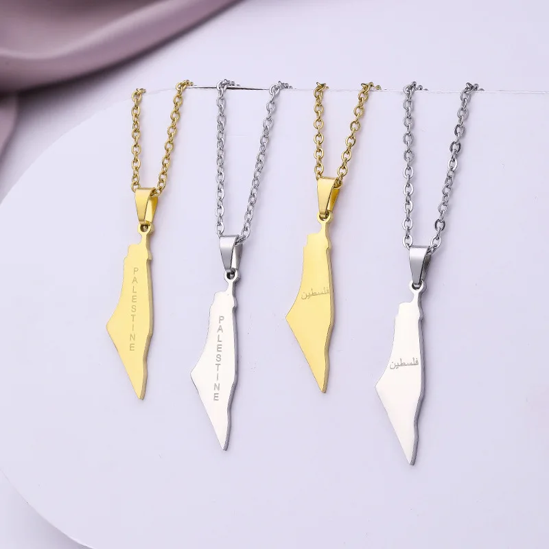 Israel and Palestine Map Pendant Necklace Fashion Geometric Letter Stainless Steel Clavicle Chain Ethnic Women's Accessories