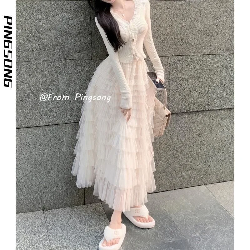White A-Line Cake Skirt High Waist Winter Half Skirt Women's Spring Summer Hepburn Style Mesh Puffy Skirt Casual Polyester