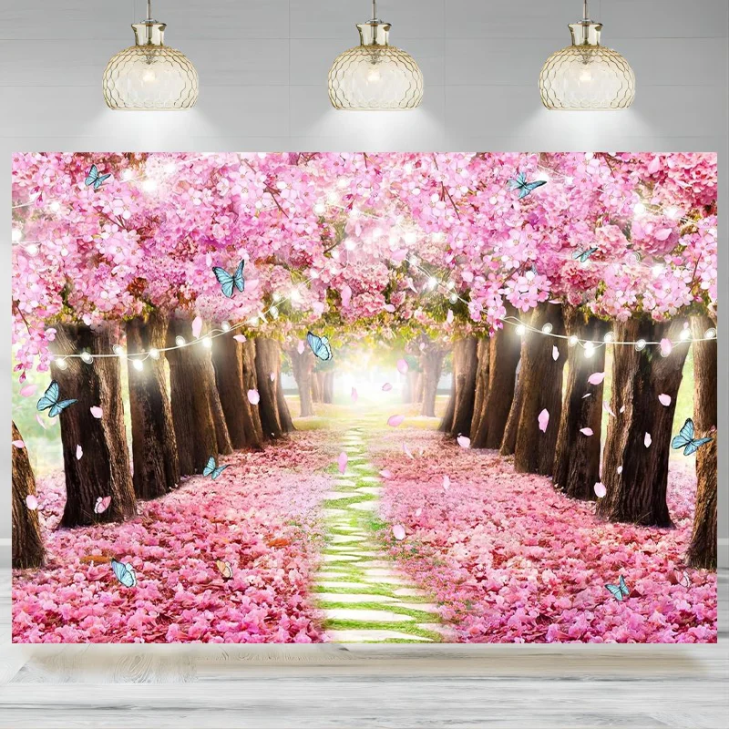 Spring Cherry Blossom Backdrop Flower Wedding Pink Floral Sakura Romantic Girls Women Photography Background Birthday Banner