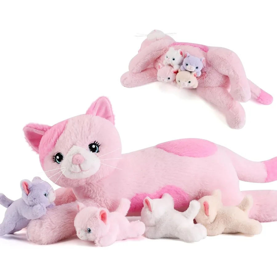 

5 Pieces Pink Cat Stuffed Animals with Babies Inside Belly - Mommy and 4 Kittens Plush Toys for Age 3-8 - Ideal Birthday Christ