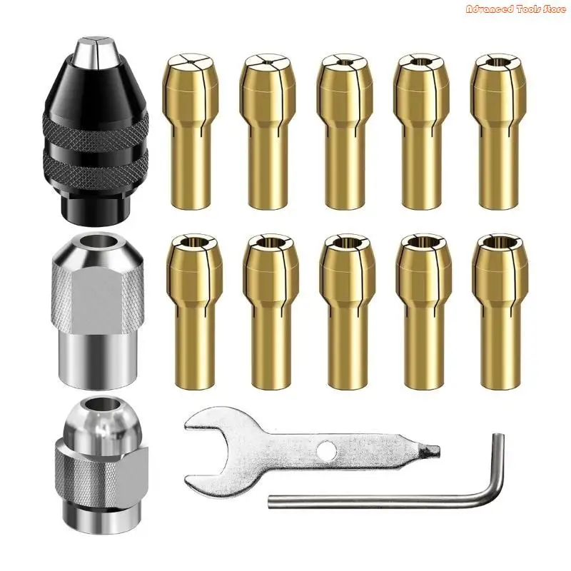 15Pcs Collet Chucks Set forDremel Replacement Brass Quick-Change Rotary Drill Nut Tool Set 0.5-3.2mm 1/32