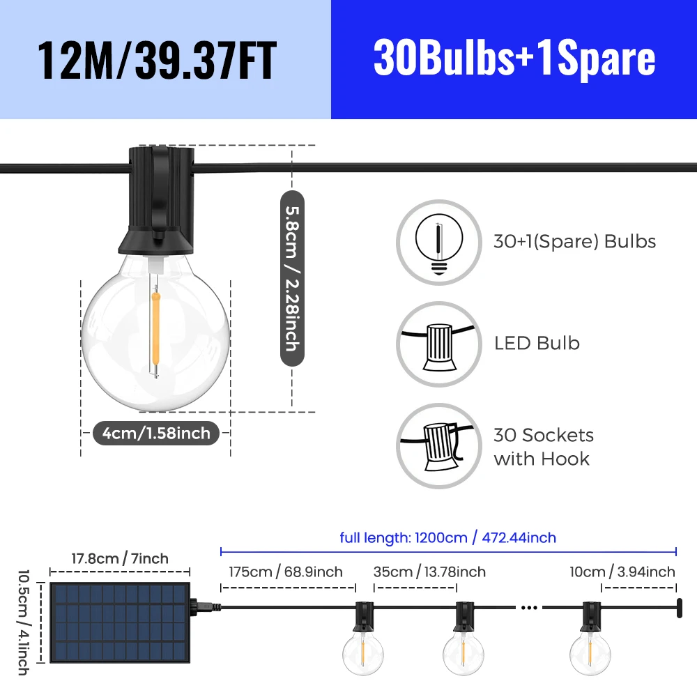 aiopp G40 LED-Solar-Lichterkette in Warmweiß mit Fernbedienung und 8 Blinkmodi – einstellbare Helligkeit, wetterbeständig für Ga 9