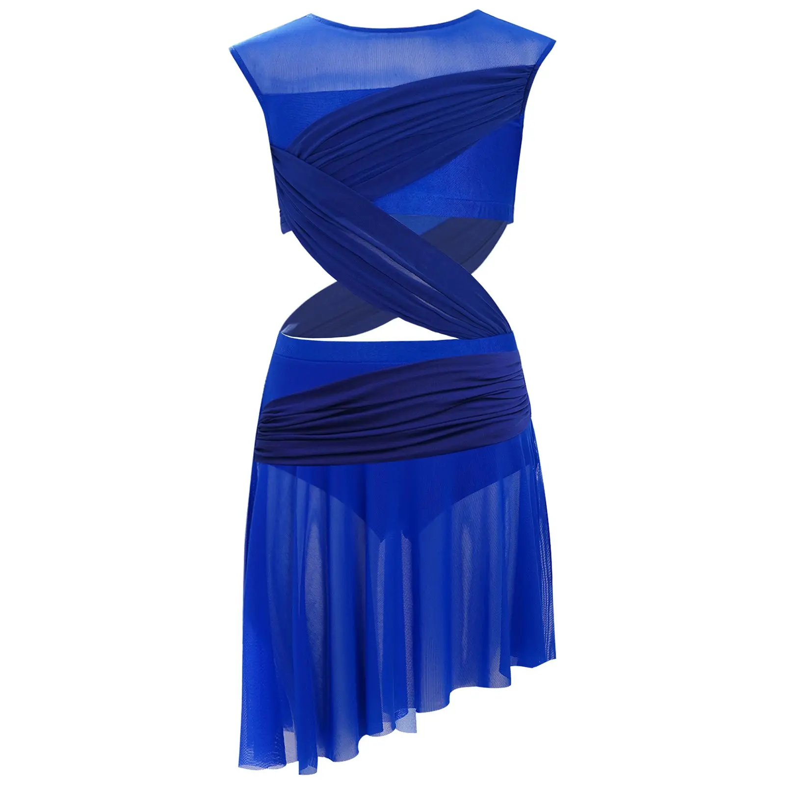 

Kids Girls One-Piece Lyrical Dance Dresses Sleeveless Sheer Mesh Asymmetrical Dress Ballet Figure Skating Modern Stage Dancewear