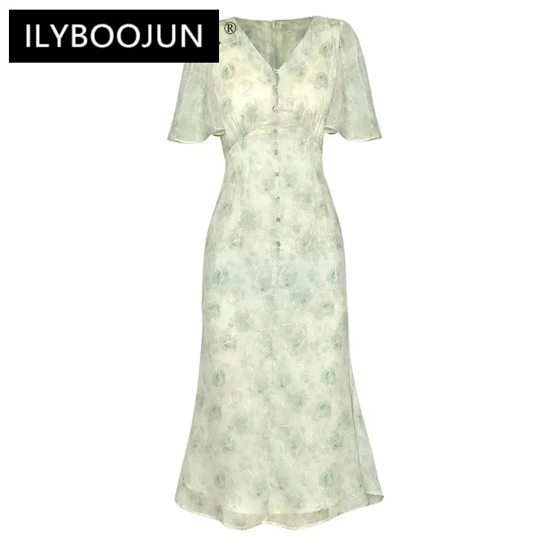 

ILYBOOJUN Summer Fashion Runway Dress Women Elegant Floral Print Sequins Heavy Diamond Button Temperament Fishtail Skirt Dresses