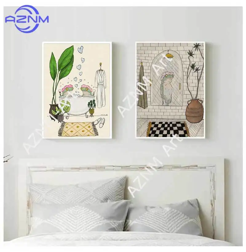 Japanischer Cartoon-Stil Bade-Frosch Tierposter Leinwand Wandkunst Gemälde Nordisches Bild Wohnzimmer Badezimmer Dekoration