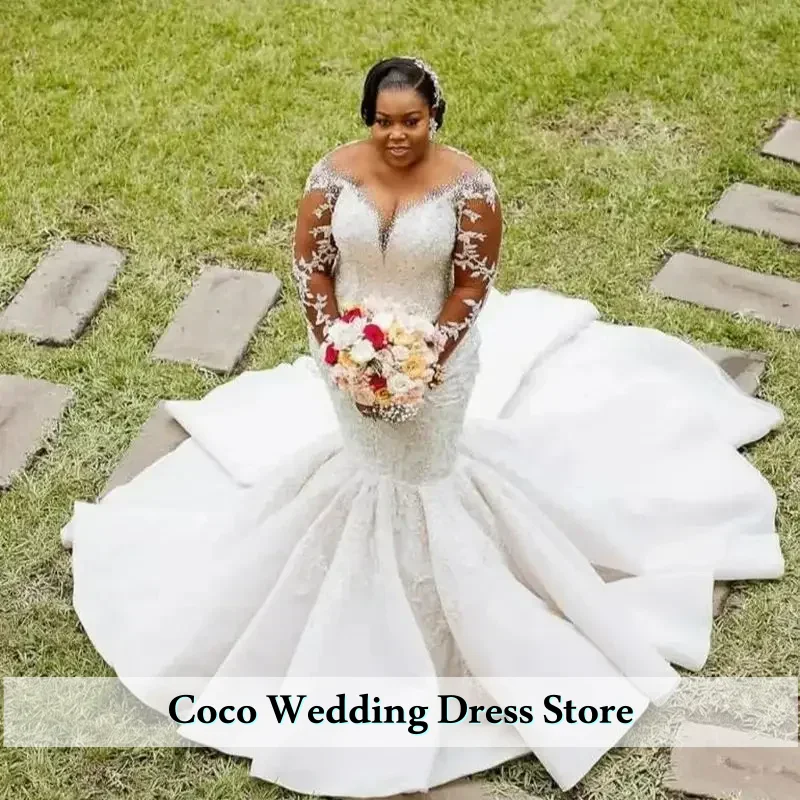 Customized Luxury Africa Plus Size Long Sleeves Wedding Dresses Bridal Gowns Lace Crystal Beads Illusion Jewel Neck Mermaid