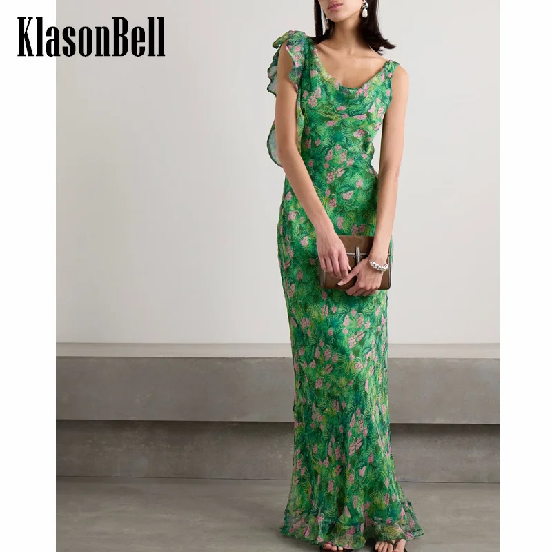 

7.9 KlasonBell Women Temperament Floral Green Print Ribbon Ruffle Knot Maxi Dress Sexy Backless Suspender Sleeveless Dress