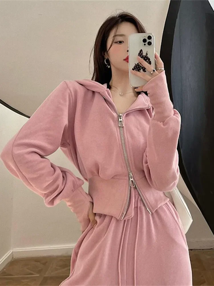 New Women Two Piece Set Solid Color Hooded Zipper Short Cardigan and Sweatpants Korean Style Fashion Casual Female Tracksuit 2XL