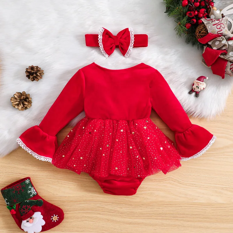 Christmas Newborn Baby Girl Bodysuit Autumn Clothes 2Pcs Outfits Long Sleeve Lace Trim Tulle Dress Jumpsuit with Headband