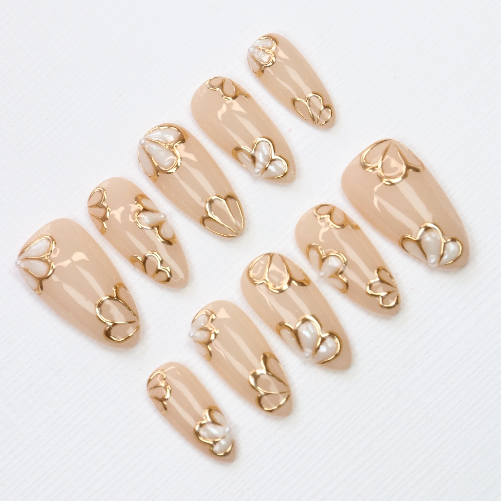 10 ชิ้น Luxury Stained Glass กดบนเล็บ, แก้วสี Regal สีสันมุกสีขาวดอกไม้ Custom Elegant Gold Nail Art