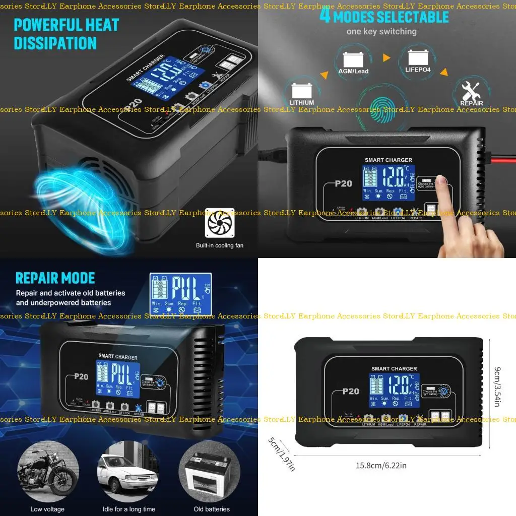 

462E Fully Automatic 20A Car Battery Supports Lithium Acid Batteries 12V 24V for Vehicles and Marine Use