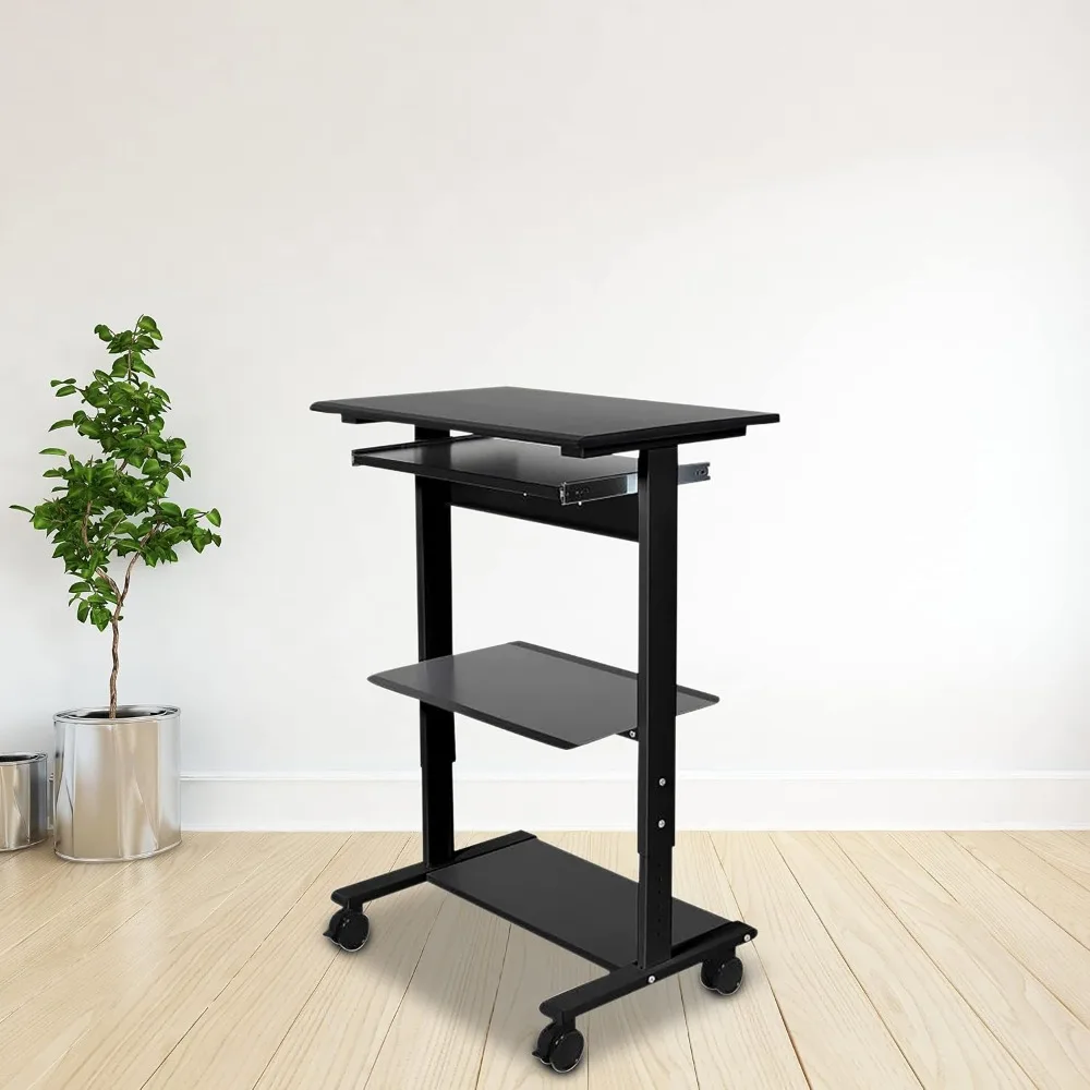 Stand Up Desk Store Mobile Rolling Adjustable Height Standing Workstation with Printer Shelf and Slideout Keyboard Tray