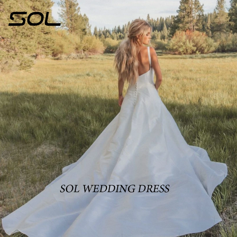 SOL-Querida Spaghetti Straps cetim vestidos de casamento, simples, sem encosto, A-Line, até o chão, vestidos nupciais, elegante