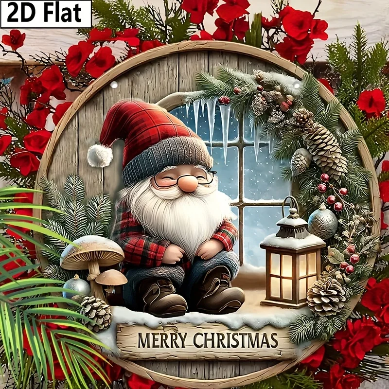 2D Flat - A Wooden Sign Featuring a 2D Flat Design of a Christmas Gnome, Creating a Warm Winter Atmosphere, Perfect for Hanging
