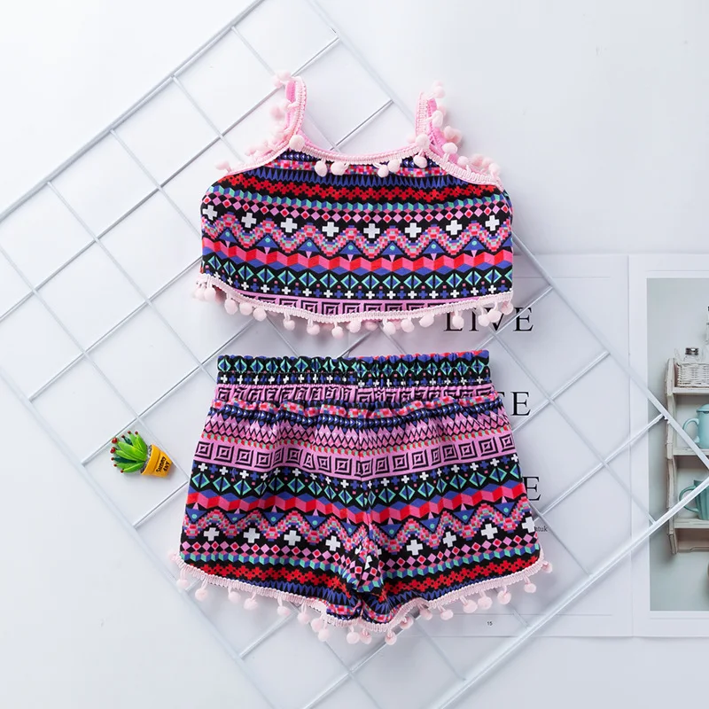 

Children's Clothing Female Summer Suit Western Style Cute Tassel Sling Shorts Hair Accessories3Set of baby ethnic style casual c