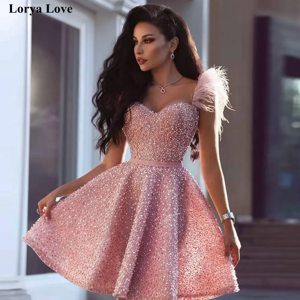 Pink Luxury Cocktail Dresses 2022 Short Prom Dress Crystal Sequins Feathers Homecoming Gowns Women New Elegant Graduation Dress