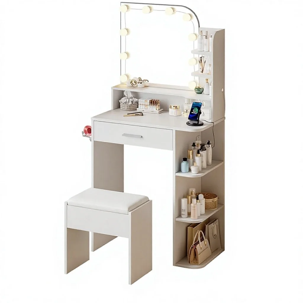 #Foreign Trade Cross-Border American Style White MDF Panel Material Dressing Table Storage Cabinet Integrated Bedroom Makeup Des
