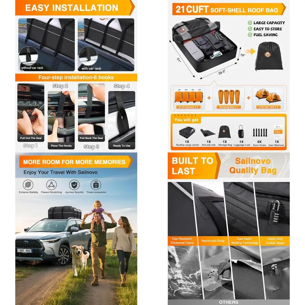 

21 Cubic Foot Waterproof Rooftop Cargo Bag for Cars with or without Rack, Includes Anti-Slip Mat, Luggage Lock, and 6 Door Hooks