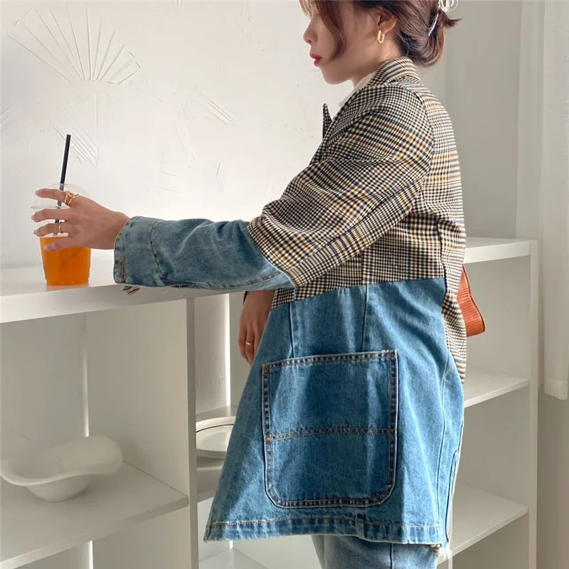 Korean Plaid Suit Collar Blazer Splicing Denim Jacket Women Mid Long Big Pocket Cowboy Outerwear Vintage Jeans Jackets Female