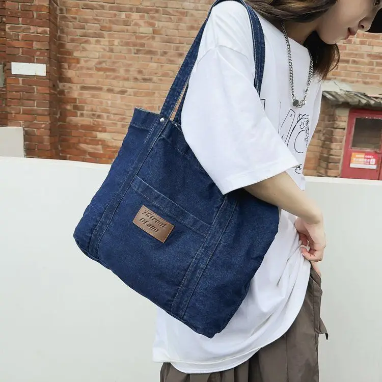 

Artistic Commuting College Students Class Leisure Simple Pure Color Large Capacity Denim Shoulder Tote Bag